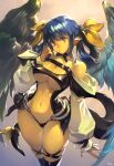  1girl angel_wings arm_up asymmetrical_wings bangs black_legwear black_panties blue_hair breasts center_opening choker cleavage closed_mouth covered_nipples detached_sleeves dizzy_(guilty_gear) feathered_wings guilty_gear guilty_gear_x guilty_gear_xx hair_ribbon hair_rings highres large_breasts long_hair long_sleeves looking_at_viewer monster_girl navel optionaltypo panties pointy_ears puffy_long_sleeves puffy_sleeves red_eyes ribbon shaded_face signature skindentation solo stomach sunlight tail tail_ornament tail_ribbon thick_thighs thigh_strap thighhighs thighs twintails underboob underwear wings yellow_ribbon 