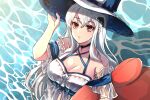  1girl arknights bangs bare_shoulders black_choker breasts choker cleavage closed_mouth collarbone dolphin_hair_ornament eyebrows_visible_through_hair hand_on_headwear large_breasts long_hair looking_at_viewer muzi_(muaz) official_alternate_costume on_water red_eyes silver_hair skadi_(arknights) skadi_(waverider)_(arknights) solo swimsuit upper_body water white_headwear white_swimsuit 