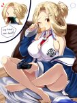  1girl azur_lane bangs bare_legs bare_shoulders barefoot between_breasts blonde_hair blue_jacket blush braid breasts bunker_hill_(azur_lane) chibi chips cleavage collared_shirt commentary_request controller dress_shirt english_text food food_in_mouth forehead game_controller hair_ornament hair_rings hairclip hand_up highres holding jacket kamishiro_(rsg10679) large_breasts long_sleeves looking_at_viewer mouth_hold off_shoulder open_clothes open_jacket parted_bangs ponytail potato_chips shirt skindentation sleeveless sleeveless_shirt sleeves_past_wrists white_background white_shirt x_hair_ornament 