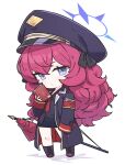  1girl armband black_shirt blue_archive book chibi halo hat iroha_(blue_archive) jacket looking_at_viewer military military_hat military_uniform minoa_(lastswallow) necktie purple_background red_hair red_necktie safety_pin shirt simple_background solo uniform 