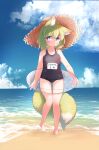  1girl :o animal_ear_fluff animal_ears black_swimsuit blue_eyes blue_sky cloud commentary_request day done_(donezumi) full_body green_hair hat highres looking_at_viewer ocean one-piece_swimsuit original outdoors sand short_hair sky solo standing straw_hat swimsuit tail 