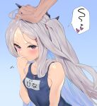  1boy 1girl absurdres bangs blue_archive blue_swimsuit blush flying_sweatdrops grey_hair hair_ornament hairclip headpat highres hina_(blue_archive) hina_(swimsuit)_(blue_archive) horns long_hair one-piece_swimsuit osanpo02 parted_bangs purple_eyes school_swimsuit swimsuit twintails very_long_hair whistle whistle_around_neck 