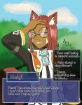  ambiguous_gender animal_ears arc_rose bodily_fluids cat_ears_(disambiguation) clothed clothing dark_body dark_skin dialogue dialogue_box english_text eyewear glasses hair humanoid markings meigi_(arc_rose) red_hair sweat sweatdrop text text_box 