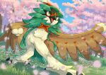  blurry commentary_request day decidueye falling_petals grass highres legs_apart no_humans open_mouth orange_pupils outdoors petals pokemon pokemon_(creature) sky solo standing tanpakuroom tongue tree yellow_eyes 