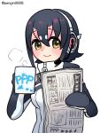  1girl animal_costume black_hair cup gloves headphones highres humboldt_penguin_(kemono_friends) kemono_friends kemono_friends_v_project looking_at_viewer multicolored_hair newspaper pengin0808 penguin_costume shirt short_hair simple_background smile solo tail virtual_youtuber white_background 