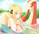  1girl bangs bare_shoulders bikini blonde_hair breasts bush cloud cynthia_(pokemon) eyebrows_visible_through_hair grey_eyes hair_ornament hair_over_one_eye highres looking_to_the_side medium_breasts milotic nana-sapphy open_mouth partially_submerged pokemon pokemon_(creature) pokemon_(game) pokemon_dppt red_bikini sky sparkle swimsuit twitter_username upper_body water 
