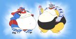 2022 absurd_res accessory anthro bandai_namco belly big_belly blue_body blue_fur canid canine claws clothed clothing digimon digimon_(species) digital_media_(artwork) duo feet fur gabumon gaomon headband hi_res male mammal obese obese_anthro obese_male overweight overweight_anthro overweight_male paceplusle simple_background thick_thighs toes topwear watermark yellow_body 