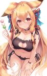  1girl animal_ear_fluff animal_ears bangs bell black_bra black_choker black_panties blonde_hair blush bra breasts cat_lingerie choker cleavage cleavage_cutout clothing_cutout commentary_request dango eyebrows_visible_through_hair food fox_ears fox_girl hair_between_eyes hand_on_own_thigh highres holding holding_food long_hair looking_at_viewer meme_attire neck_bell original panties parted_lips red_eyes sakura_ani sanshoku_dango side-tie_panties simple_background solo underwear very_long_hair wagashi white_background 