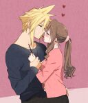  1boy 1girl aerith_gainsborough black_pants black_skirt blonde_hair blush brown_hair casual closed_eyes cloud_strife final_fantasy final_fantasy_vii food grey_shirt hand_on_another&#039;s_hip heart holding_another&#039;s_wrist krudears pants pink_background pink_shirt pocky pocky_kiss ponytail scrunchie shirt sidelocks skirt spiked_hair upper_body 