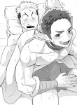  2boys :q all_fours animal_ear_request ass_grab bara blush boxers bulge erection erection_under_clothes facial_hair feet_out_of_frame fingernails goatee grabbing_own_ass greyscale highres long_sideburns looking_at_another lying machida_machi male_focus male_underwear monochrome monster_boy motion_lines multiple_boys muscular muscular_male on_back on_bed original pectorals presenting sharp_fingernails short_hair sideburns straddling stubble sweat sweatdrop thick_eyebrows thighs tongue tongue_out topless_male trembling underwear underwear_only wide-eyed yaoi 
