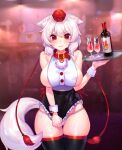  1girl absurdres adapted_costume animal_ears apron bare_shoulders black_legwear blurry blurry_background blush bokeh breasts collar cowboy_shot depth_of_field embarrassed eyebrows_visible_through_hair hat highres holding holding_tray inubashiri_momiji large_breasts leash lee_jin_byeol looking_at_viewer panties red_collar red_eyes short_hair sideboob silver_hair skirt skirt_tug solo sweat tail thighhighs thighs tokin_hat touhou tray underwear white_apron white_hair wolf_ears wolf_tail wrist_cuffs 