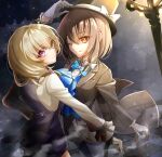  2girls ;) alternate_costume arm_up ascot black_headwear blonde_hair blue_ascot blue_bow blue_bowtie blue_vest bow bowtie bright_pupils brown_eyes brown_hair cane closed_mouth commentary_request eyebrows_visible_through_hair eyelashes formal frilled_sleeves frills gloves hair_between_eyes hand_on_headwear hat hat_ribbon highres kinese_(katasutorohu) lamppost looking_at_viewer maribel_hearn multiple_girls one_eye_closed purple_eyes ribbon shirt short_hair smile suit_jacket touhou usami_renko vest white_bow white_bowtie white_gloves white_pupils white_shirt 