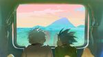  2boys barefoot black_hair curtains from_behind gon_freecss green_jacket head_rest highres hunter_x_hunter indoors jacket killua_zoldyck lying male_focus mountain multiple_boys on_stomach reflection shirt sky spiked_hair uffie white_hair window 