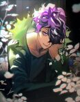  1boy bangs blue_flower blue_rose btmr_game closed_mouth coat commentary elbow_rest flower garry_(ib) hair_over_one_eye head_rest highres ib leaf long_sleeves looking_at_viewer male_focus open_clothes open_coat petals purple_eyes purple_hair rose signature solo sparkle torn_clothes upper_body 