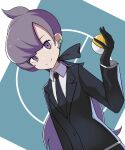  1girl absurdres anabel_(pokemon) ball bangs black_gloves black_jacket black_necktie closed_mouth collared_shirt commentary_request earpiece eyelashes gloves hair_ribbon hand_up highres holding holding_ball jacket long_hair long_sleeves looking_at_viewer necktie pokemon pokemon_(game) pokemon_sm ponytail purple_eyes purple_hair ribbon shirt smile solo split_mouth white_shirt ziu 