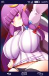  1girl book breasts crescent crescent_hair_ornament crescent_pin dress hair_ornament highres large_breasts library long_hair patchouli_knowledge pointy_ears purple_eyes purple_hair selfie solo striped striped_dress touhou underwear vertical-striped_dress vertical_stripes very_long_hair xialu_zajin 
