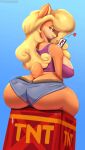  activision anthro bandicoot big_breasts blonde_hair breasts butt cellphone clothed clothing crash_bandicoot crash_bandicoot_(series) explosives female green_eyes hair hi_res holding_object mammal marsupial nexcoyotlgt phone simple_background sitting smartphone smile solo tawna_bandicoot tnt topwear video_games 