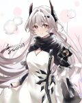  1girl arknights bangs black_scarf blush breasts cleavage closed_mouth dated dress eyebrows_visible_through_hair hair_ornament hairclip highres horns long_hair looking_at_viewer medium_breasts muzi_(muaz) red_eyes scarf silver_hair simple_background smile solo theresa_(arknights) white_dress wide_sleeves 