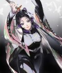  1girl bangs belt black_hair breasts bug butterfly butterfly_hair_ornament gradient gradient_background grey_eyes hair_ornament highres holding holding_sword holding_weapon kimetsu_no_yaiba kochou_shinobu lips medium_breasts mikuroron multicolored_hair parted_bangs purple_hair sidelocks solo sword two-tone_hair upper_body weapon wide_sleeves 