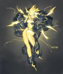  1girl baniran_dorosu black_cloud blonde_hair blue_eyes cloud colored_skin electricity hair_between_eyes horns long_hair monster_girl navel original parted_lips personification solo spiked_hair thunder_(baniran_dorosu) twitter_username wide-eyed yellow_horns yellow_skin 