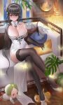  1boy 1girl absurdres arm_up azur_lane baby bangs black_gloves black_hair black_legwear blush breasts chen_hai_(azur_lane) chen_hai_(vestibule_of_wonders)_(azur_lane) china_dress chinese_clothes cleavage couch crossed_legs dress elbow_gloves eyebrows_visible_through_hair full_body gloves green_hair gu_lan hairband high_heels highres lamp large_breasts legs long_hair looking_at_another looking_down manjuu_(azur_lane) official_alternate_costume open_mouth parted_lips purple_eyes short_hair sitting thighhighs thighs trample white_dress white_footwear 