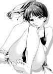  1girl bare_arms bare_legs bare_shoulders barefoot bikini breasts closed_mouth collarbone greyscale hands_on_own_knees highres ice_cream_kanojo kawai_miruku knees_up kuune_rin long_hair looking_at_viewer medium_breasts monochrome ponytail shadow side-tie_bikini solo swimsuit white_background 