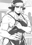  1boy animal_ears apron apron_pull bara blush cow_boy cow_ears cow_horns cowboy_shot cup facial_hair goatee greyscale highres hip_vent holding holding_cup horns indoors large_pectorals long_sideburns looking_at_viewer male_focus male_lactation mature_male monochrome muscular muscular_male nipples original pectorals pulled_by_self short_hair sideburns sidepec sketch solo sweat thick_eyebrows yomotsuki_road 