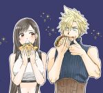  1boy 1girl bare_shoulders black_hair blonde_hair blue_background blue_eyes blush breasts burger cloud_strife couple crop_top earrings eating final_fantasy final_fantasy_vii final_fantasy_vii_remake food food_on_face holding holding_food jewelry large_breasts long_hair looking_at_another midriff navel open_mouth red_eyes shouyu_(soysoy) sleeveless sleeveless_turtleneck spiked_hair suspenders tank_top tifa_lockhart tongue tongue_out turtleneck white_tank_top 