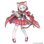  1girl :o animal_ear_fluff animal_ears animal_hood aqua_eyes bangs blush brown_gloves capriccio cloak commentary_request copyright_request crossbow eyebrows_visible_through_hair fake_animal_ears flower full_body gloves hair_between_eyes holding holding_weapon hood hood_up hooded_cloak long_sleeves official_art pantyhose parted_lips pink_flower pleated_skirt red_cloak red_footwear red_skirt scope shirt shoes simple_background skirt solo standing striped striped_legwear vambraces vertical-striped_legwear vertical_stripes watermark weapon white_background white_hair white_legwear white_shirt 