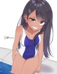  1girl asymmetrical_bangs bangs black_hair breasts brown_eyes covered_navel dark-skinned_female dark_skin hair_ornament hairclip highres ijiranaide_nagatoro-san lewdlux looking_at_viewer nagatoro_hayase one-piece_swimsuit sitting small_breasts smile solo swimsuit 