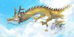 1girl above_clouds animal_focus antlers armor bangs blonde_hair blue_bow blue_cape blue_sky bow cape claws cloud colored_eyelashes commentary_request day dragon dragon_quest escalin_(hld_doreko) ethereal_serpent eye_contact flying from_side hair_bow happy highres linne_(hld_doreko) long_hair looking_at_another looking_back midair open_mouth outdoors profile riding sharp_teeth shoulder_armor sidelocks sideways_mouth sky slime_(creature) slime_(dragon_quest) smile spikes teeth waist_cape whiskers yellow_eyes 