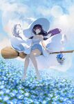  1girl absurdres bare_arms bare_legs barefoot blue_eyes blue_flower broom broom_riding cloud dress field floating_hair flower flower_field full_body hat highres long_hair looking_away multiple_moons nekoyama_iori nemophila_(flower) original purple_hair skull sky sleeveless sleeveless_dress solo strap_slip very_long_hair white_dress white_headwear witch_hat 