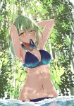  1girl antlers armpits arms_up bikini blue_bikini blush braid breasts ceres_fauna cleavage green_hair hair_between_eyes highres hololive hololive_english kumoi_sora medium_breasts medium_hair mole mole_under_eye mouth_hold navel outdoors solo swimsuit tree virtual_youtuber wading water yellow_eyes 