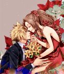 1boy 1girl aerith_gainsborough bangs blonde_hair blue_eyes bouquet bow bowtie bracelet brown_hair closed_eyes cloud_strife couple dress final_fantasy final_fantasy_vii final_fantasy_vii_remake flamenco_dress floral_background flower formal hair_between_eyes hair_ornament highres jewelry leaf long_hair parted_bangs red_bow red_bowtie red_dress spiked_hair suit tuxedo upper_body wavy_hair yco_030601 yellow_flower 