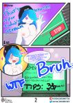  absurd_res anthro bangs bed bedroom big_breasts blue_hair blush breasts bruh chat chat_box computer expecting female fur furniture hair hi_res kemono laptop onomatopoeia purple_eyes shaded simple_background smile smug solo sound_effects speech_bubble star_eyes streamer streaming text white_body white_fur winter_hat 