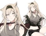  1girl absurdres animal_ears aqua_eyes arknights bangs bare_shoulders black_choker black_hairband black_jacket black_shorts blonde_hair blush choker crop_top grey_tank_top hair_between_eyes hair_ornament hairband hairclip highres horn_(arknights) jacket joshua_(shisanli934) long_hair looking_at_viewer midriff multiple_views navel off_shoulder short_shorts shorts simple_background smile tank_top upper_body white_background wolf_ears 