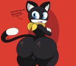  2021 absurd_res anthro atlus bandanna big_butt black_body black_fur blue_eyes bubble_butt bulge butt clothed clothing crossed_arms dialogue digital_media_(artwork) domestic_cat english_text felid feline felis fluffy_ears fur girly hi_res huge_butt inner_ear_fluff kerchief long_tail looking_at_viewer looking_back male mammal megami_tensei megami_tensei_persona morgana_(persona) multicolored_body multicolored_fur nr_ac red_background shaded shadow signature simple_background smile solo talking_to_viewer text thick_thighs tight_clothing tuft two_tone_body two_tone_fur video_games wide_hips 
