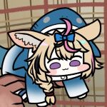  1girl :3 animal_ear_fluff animal_ears animal_hood blonde_hair blue_bow blush_stickers bow braid chibi commentary cosplay fox_ears gawr_gura gawr_gura_(cosplay) hair_bow hololive hood jazz_jack lowres minigirl omaru_polka photo-referenced purple_eyes shark_hood smile solo_focus virtual_youtuber 