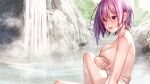  1girl :d artist_request artwhirl_mahou_gakuen_no_otome-tachi asymmetrical_hair bangs bare_legs bare_shoulders blush breasts cleavage covering covering_one_breast game_cg hair_between_eyes hilda_(artwhirl) large_breasts long_hair mana_(remana) naked_towel onsen outdoors pink_hair red_eyes shiny shiny_hair shiny_skin sitting smile solo sunlight towel 