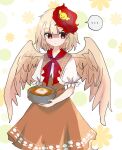  ... 1girl animal_on_head bird bird_on_head bird_tail bird_wings blonde_hair bowl chick commentary_request dress egg feathered_wings highres holding holding_bowl multicolored_hair neckerchief niwatari_kutaka on_head orange_dress red_eyes red_hair red_neckerchief shirt short_hair spoken_ellipsis tail tail_feathers touhou two-tone_hair white_shirt wings yellow_wings zabuton_(mgdw5574) 