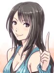  1girl arm_warmers black_eyes black_hair breasts character_name cleavage closed_mouth collarbone final_fantasy final_fantasy_viii long_hair looking_at_viewer pointing pointing_up rinoa_heartilly sadakiyo_kazuhiko simple_background sleeveless smile solo 