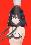  1girl arms_behind_back bdsm black_hair carlo_montie chain_necklace closed_mouth commentary commission english_commentary frown gag gag_removed hair_between_eyes highres kill_la_kill lock looking_at_viewer matoi_ryuuko medium_hair multicolored_hair one_eye_covered red_background red_hair silver_bra simple_background solo streaked_hair upper_body 