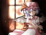  1girl bat_wings blue_hair closed_mouth crossed_arms cup drinking_glass hat hat_ribbon head_tilt holding holding_cup mob_cap puffy_sleeves red_eyes remilia_scarlet ribbon short_hair short_sleeves smile solo touhou window wine_glass wings yugi_(magical-dreamer) 