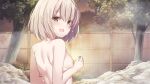  1girl :d artist_request artwhirl_mahou_gakuen_no_otome-tachi bangs bare_shoulders blush breasts coco_(artwhirl) eyebrows_visible_through_hair game_cg hair_between_eyes kawauchi_(kaz7ry) nipples nude onsen open_mouth outdoors shiny shiny_hair short_hair shoulder_blades silver_hair small_breasts smile solo upper_body 