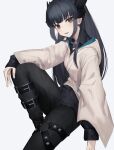  1girl absurdres bangs black_eyes black_hair black_pants black_shirt breasts character_request eyebrows_visible_through_hair feet_out_of_frame highres long_hair long_sleeves mea_(hwaksal) open_mouth pants shirt sitting solo teeth virtual_youtuber white_background white_robe 