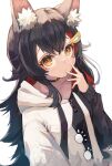  1girl animal_ear_fluff animal_ears black_hair finger_to_mouth highres hololive hood hood_down hoodie long_hair long_sleeves looking_at_viewer nyucha ookami_mio orange_eyes red_hair solo virtual_youtuber wolf_ears wolf_girl 