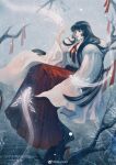  1girl absurdres bare_tree black_hair branch fur_coat highres inuyasha japanese_clothes kikyoism kikyou_(inuyasha) long_hair miko ribbon sitting snowing solo spirit tree very_long_hair winter 