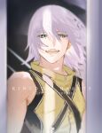  1boy aqua_eyes bare_arms bare_shoulders black_background black_shirt chest_strap doorway hair_between_eyes highres kingdom_hearts lower_teeth medium_hair mikuroron open_mouth riku shirt silver_hair sleeveless sleeveless_turtleneck smile solo teeth turtleneck two-tone_shirt upper_body upper_teeth yellow_shirt 