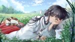  1girl bird blue_sky bunny bush cat cloud flower grass hand_on_own_face highres inuyasha japanese_clothes kikyoism kikyou_(inuyasha) lying miko mountain on_stomach sky sleeping solo upper_body vegetation 