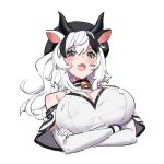  1girl animal_ears arms_under_breasts bangs bare_shoulders bell black_hair blush breasts cleavage cow_ears cow_horns cowbell cropped_torso dangogo elbow_gloves gloves green_eyes hair_between_eyes highres horns indie_virtual_youtuber large_breasts long_hair looking_at_viewer multicolored_hair open_mouth simple_background solo two-tone_hair white_background white_gloves white_hair you_sowoo 